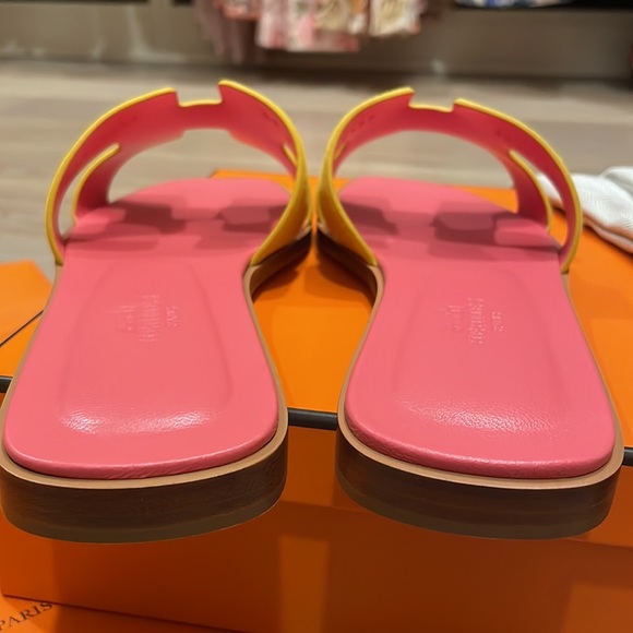 BNIB AUTHENTIC HERMES Suede Yellow & Pink Coral Orans SZ. 37.5 or 7.5 - Picture 12 of 13